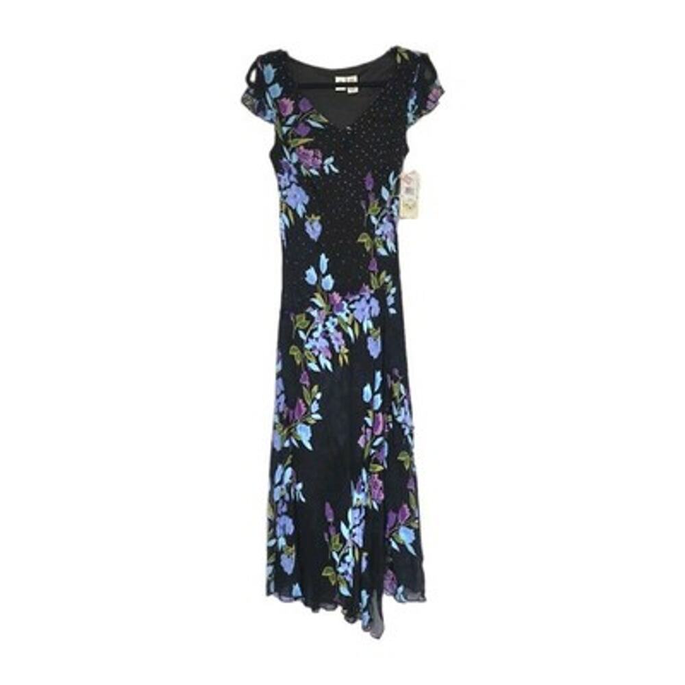 Vtg Y2K Blue Floral Drop Waist Fairy Midi Dress Womens 10 Beaded Ruffle Boho NWT